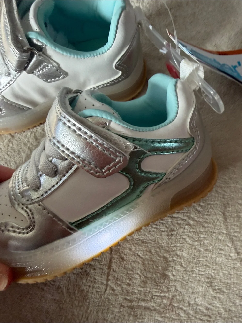 Carter's Silver & White Light-Up Sneakers with Mint Lining